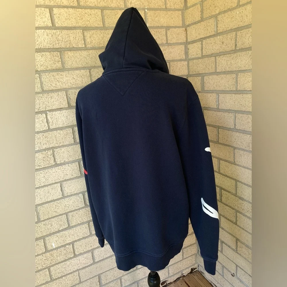 Tommy Hilfiger Soft Classic Navy Blue Hoodie White Red Cursive Logo Sleeve Decal